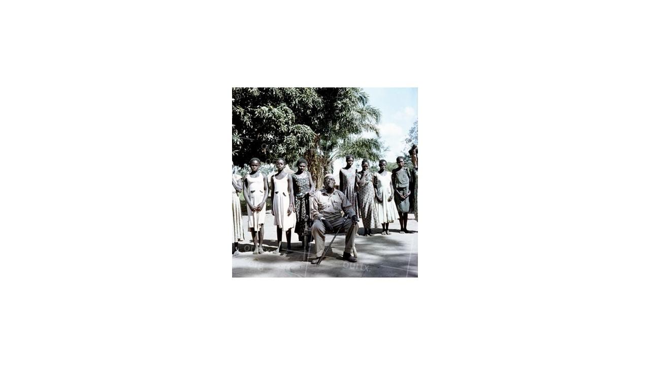 Nikolay Drachinsky. Ret (Head of Shilluks) Fafiti Kour and Several His Wives, Upper Nile Province. Sudan, 1957. © Nikolay Drachinsky archive, courtesy of Alla Vakhromeeva, Archive Paper 8"x8", $400