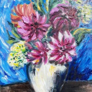 A table of flowers, oil, canvas, 11 x 14, $230