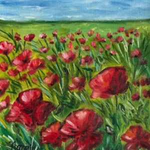 Poppy Meadow, oil, canvas board, framed, 8x10, $130