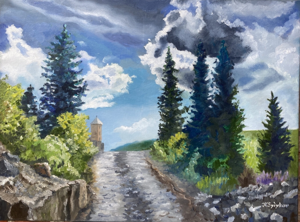 Kazakh Spruces, oil on canvas 18x24,$360