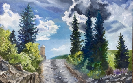 Kazakh Spruces, oil on canvas 18x24,$360